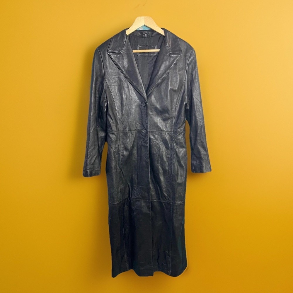 Vintage Jim & Mary Lou Women Leather Long Coat / Jacket, Buttons Front, Black M